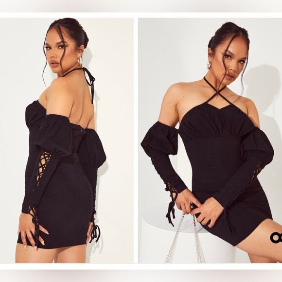 Halterneck Cold Shoulder Lace Up Sleeve Dress - Picture 1 of 15